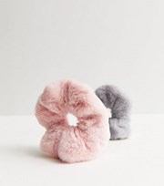 New Look 2 Pack Pink and Grey Faux Fur Scrunchies